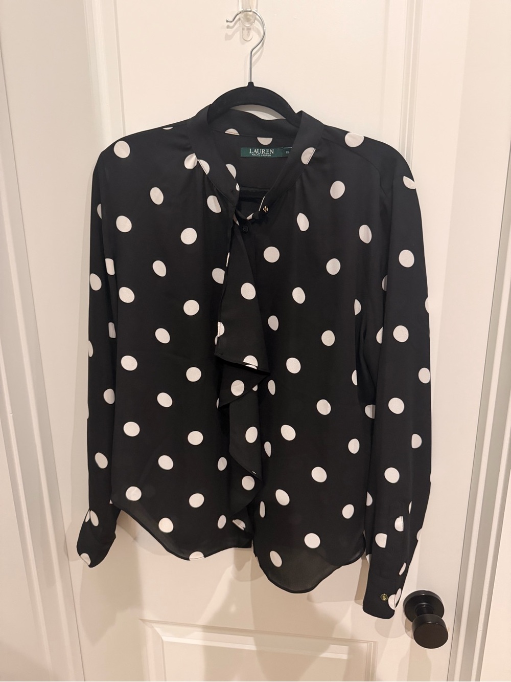 Ralph Lauren Black and White Polka Dot Ruffle Tie-Neck Blouse